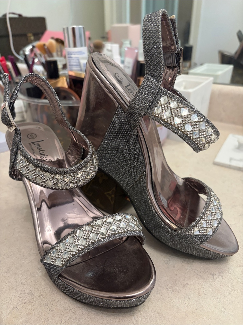 Macy's Ladies, Silver and Pewter Crystal-Embellished Wedge Sandals NEW. Size 6